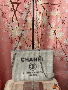Chanel Deauville Logo Canvas Clutch Pouch Bag Grey with silver chain